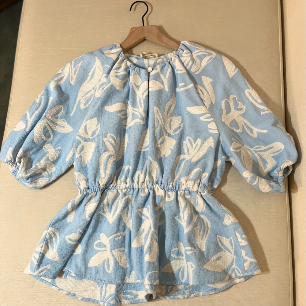 Stine Goya Top - Women's Small Blue White - Floral Peplum